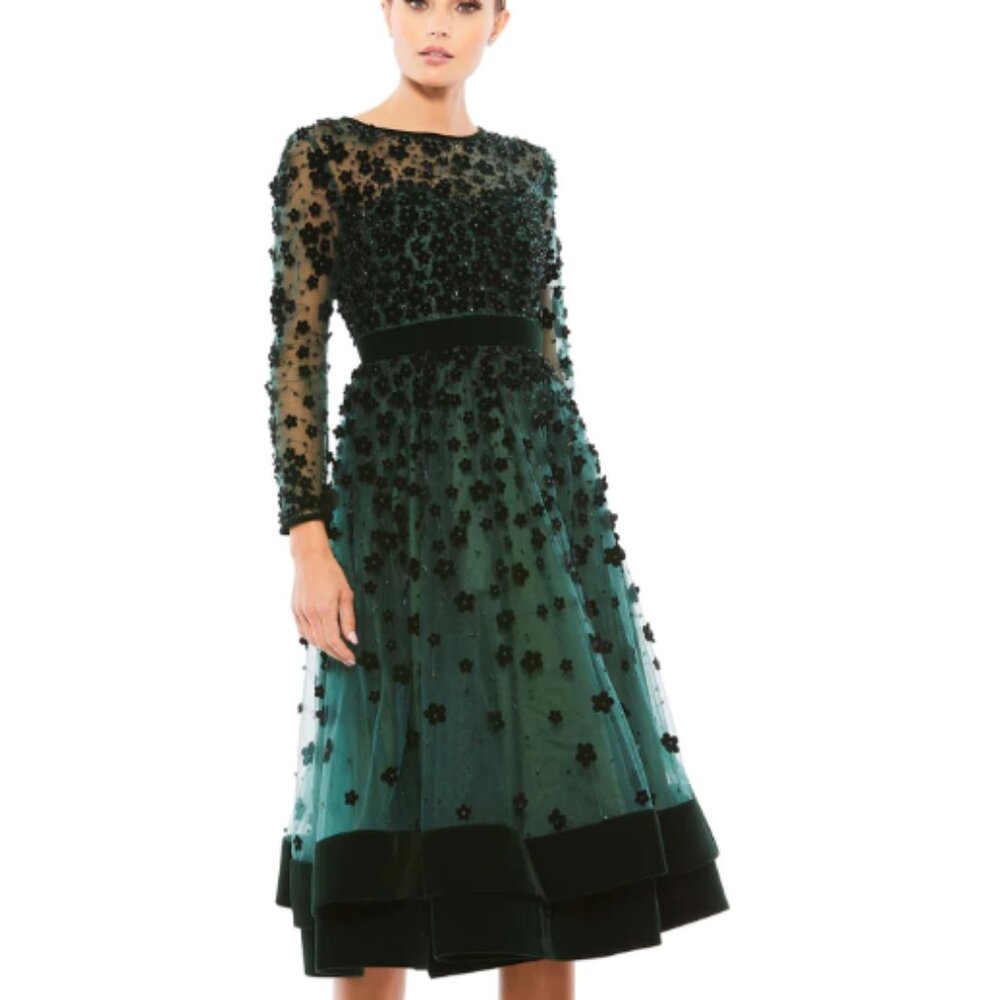 MAC DUGGAL 67007 EMBELLISHED ILLUSIONS HIGH NECK LONG SLEEVE emerlad DRESS sz  4